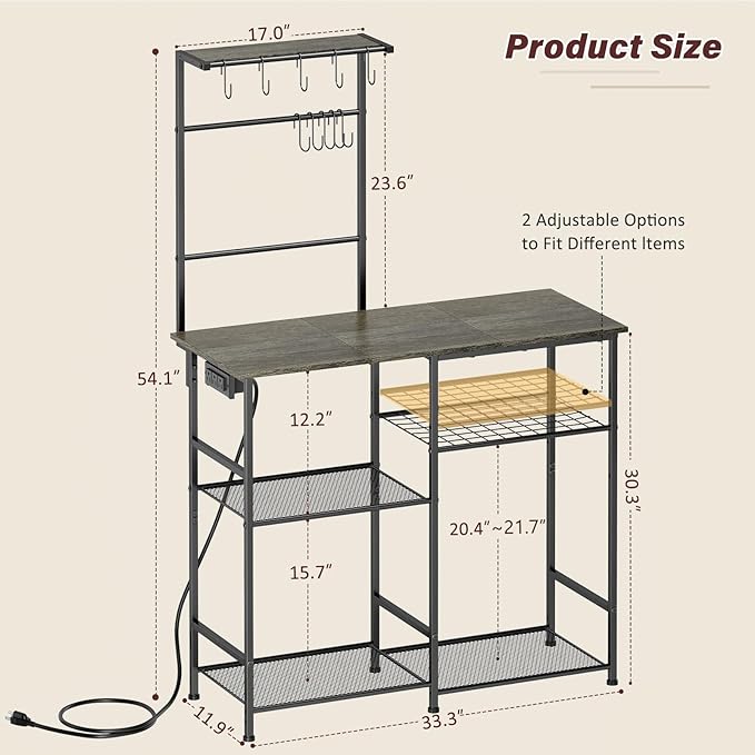 Bakers Rack with Power Outlet, Kitchen Microwave Stand with 10 S-shaped Hooks, 6-Tier Coffee Bar Station, Kitchen Storage Shelf Rack for Spices, Pots, Gray