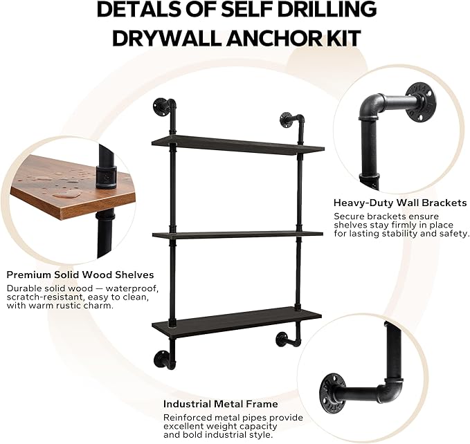 3-Tier Industrial Pipe Floating Shelf – Rustic 60 inch Wood Wall-Mounted Storage Shelf for Kitchen Office,Bathroom & Home Decor -Black