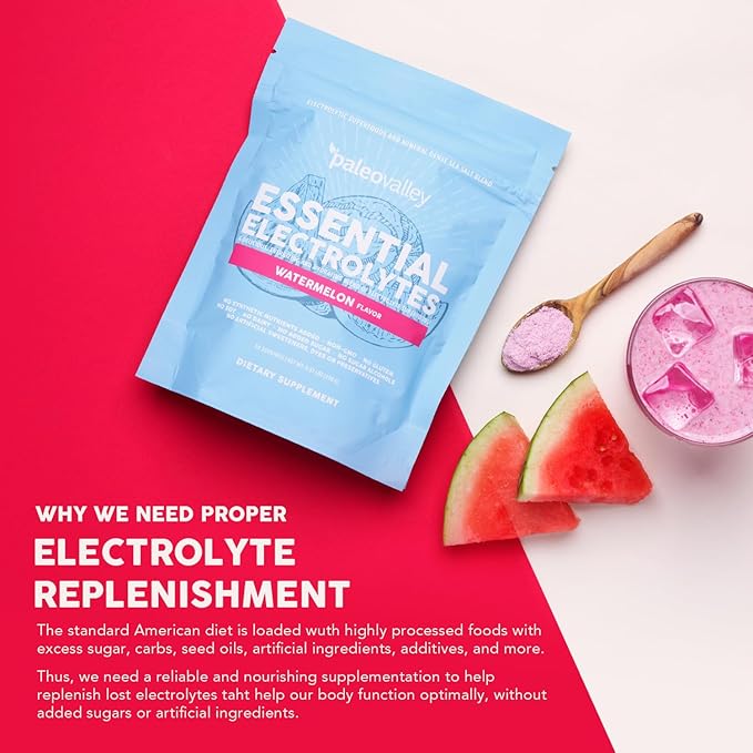 Paleovalley Essential Electrolytes Powder - Full Spectrum Watermelon Electrolyte Powder for Hydration, Energy and Muscle Recovery - No Sugar Added - 30 Servings