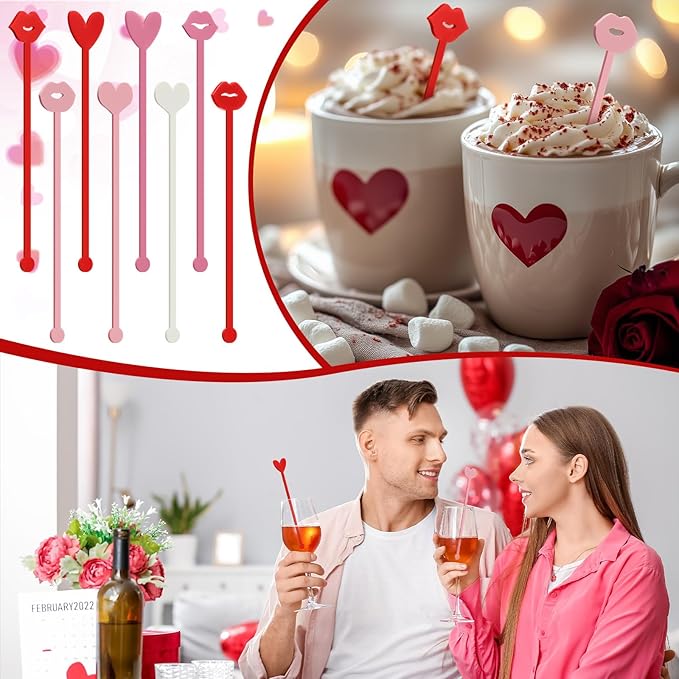 32 Pcs Valentines Day Cocktail Stirrers 7 Inch Heart Love Lips Drink Coffee Stirrers Cute Acrylic Stir Sticks for Valentines Wedding Drink Birthday Bridal Cocktail Supply(Fashion Style)