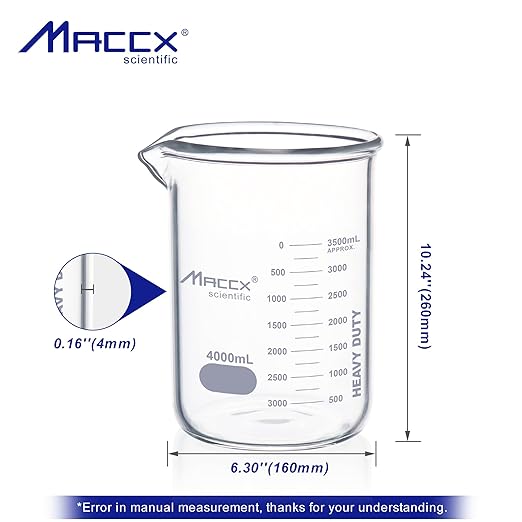 170oz(4000ml) Sturdy Glass Beaker, Heavy-Duty Lab Beaker, 3.3 Borosilicate Low Form with Printed Graduation, HDBK4K0-001