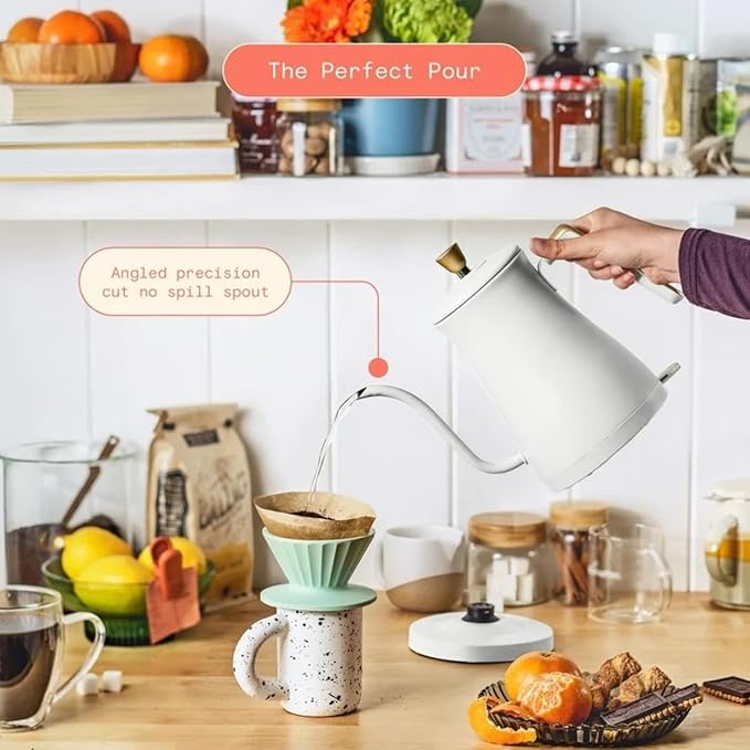 Electric Gooseneck Kettle 1 Liter 1200W, Stainless Steel, Pour Over Coffee Tea, Auto Shut-Off, 360° Cordless Power Base (White Icing)