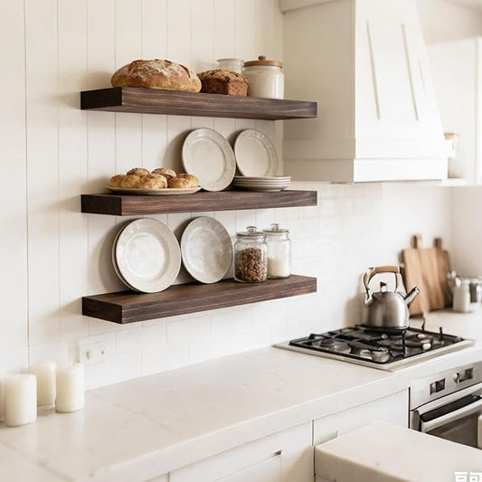 Floating Wall Shelf 16x6.8x1.7 Inch – Solid Wood Shelf in Walnut Finish – Wall Mounted Rustic Display Organizer for Bathroom, Kitchen, Bedroom, Small Spaces – Set of 3