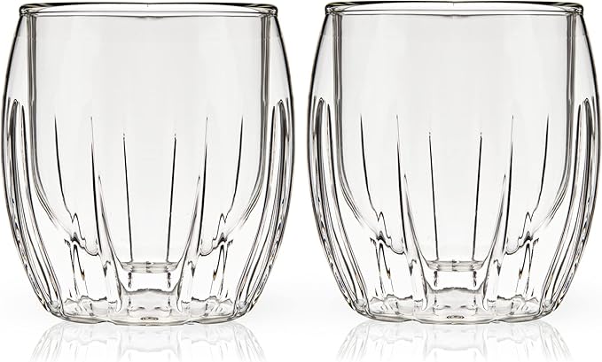 Viski Double-Walled Spirits Glasses, Insulated Liquor Tumblers with Cut Crystal Design, Dishwasher Safe 8.5 Oz, Clear, Set of 2