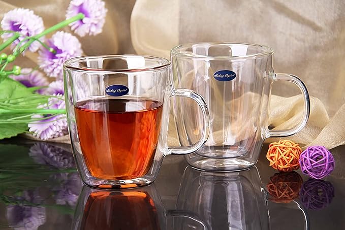 Amlong Crystal Double Wall Glass Coffee Mugs 12 oz, Set of 2