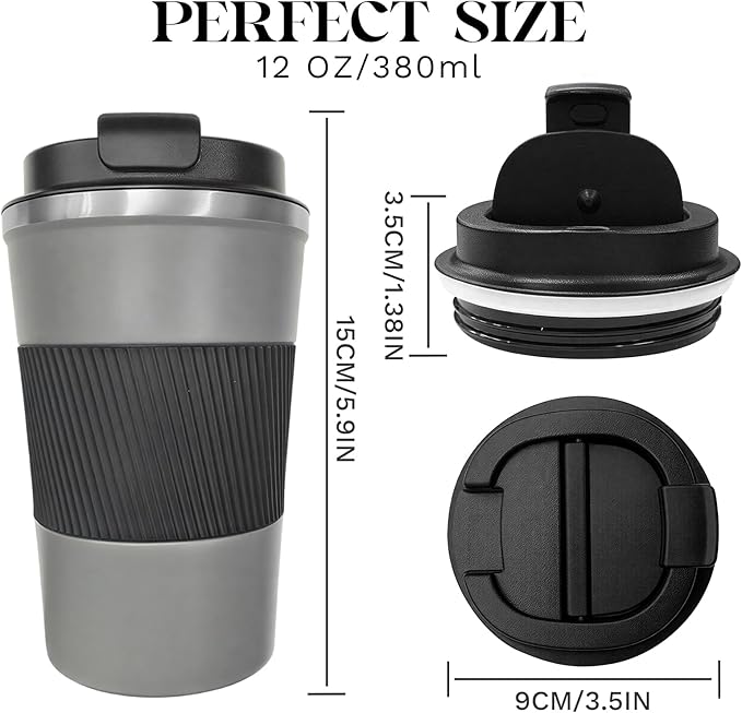YINBAOGE Insulated Travel Coffee Mug, Spill & Leak Proof, Portable To Go Camping Stainless Steel Coffee Tumbler, Reusable Thermal Coffee Cup with Lid for Hot & Cold Drinks (Grey, 12 OZ)