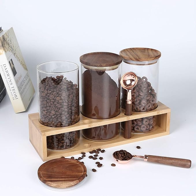 KKC HOME ACCENTS Sealed Glass Food Storage Containers with Airtight Wood Lids and Scoops for Kitchen Counter,Air Tight Sealed Glass Jars for Coffee,Loose Leaf Tea,Brown Sugar,39 Fluid Ounces
