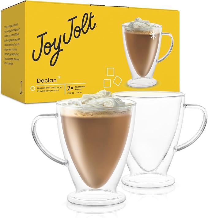 JoyJolt Declan Irish Double Wall Insulated Glass Coffee Cups (Set of 2) -15-Ounces