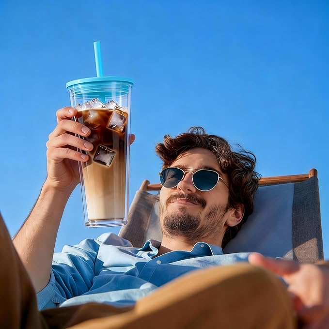 24oz Tumbler with Lid and Straw, Leak Proof and Double Wall Insulated Reusable Plastic Cups,Travel Reusable Iced Coffee Cup (2, Blue)