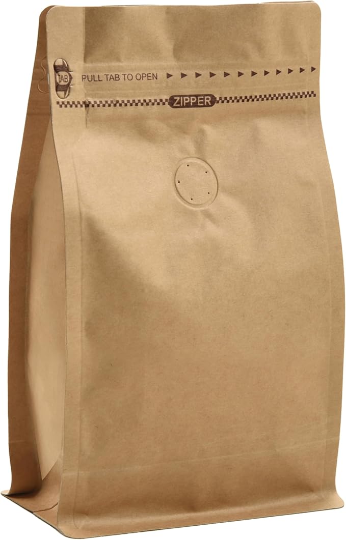 Resealable Kraft Paper Coffee Bags with Degassing Valve, Flat Bottom Side Gusset Stand Up Coffee Pouches with Zipper Lock (Pack of 100, Size for 12 oz/340 grams Coffee Beans or Ground)