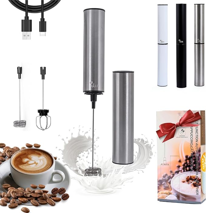 Rechargeable Milk Frother | Drink Mixer | Coffee Frother Handheld with USB-C Charging, stainless steel body, foam, stirrer for Milk, Coffee, matcha, cappuccino, latte, egg [SILVER]