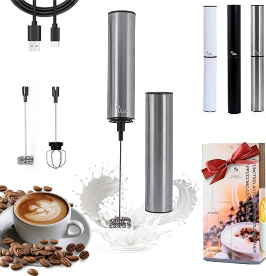 Rechargeable Milk Frother | Drink Mixer | Coffee Frother Handheld with USB-C Charging, stainless steel body, foam, stirrer for Milk, Coffee, matcha, cappuccino, latte, egg [SILVER]
