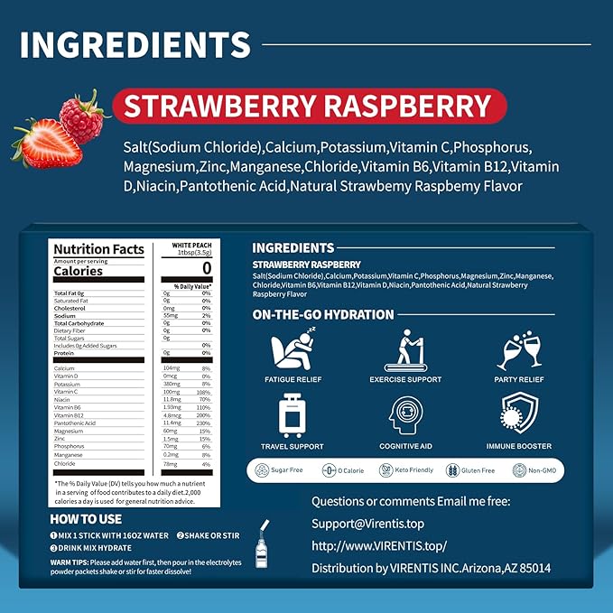16 Sticks Electrolytes Powder Packets Sugar Free Hydration Packets Liquid Daily IV Electrolyte Drink Mix for Rehydration with 8 Electrolytes & 6 Vitamins, Low Sodium, Raspberry Strawberry