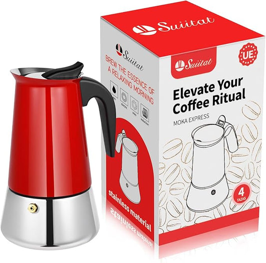 Suiitat Moka Pot, 4 Cups (7.1 oz) Stovetop Espresso Maker, 304 Stainless Steel Moka Pot, Induction Compatible, Red