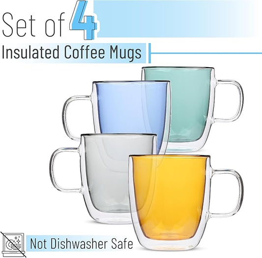 BTaT- Double Walled Glass Coffee Mugs, 12 oz, Set of 4, Colored Glass Coffee Cups with Handle, Insulated Clear Coffee Mug for Hot and Cold Beverages, Cappuccino, Latte, Tea, Americano, Microwave Safe