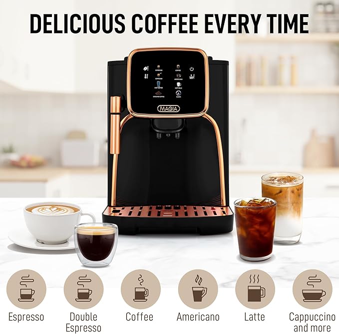 Zulay Kitchen Magia Clasica Automatic Espresso Machine with Built-In Grinder, Touch Panel Coffee Maker, Steam Wand Milk Frother, Adjustable Strength, Self-Cleaning, Black & Copper
