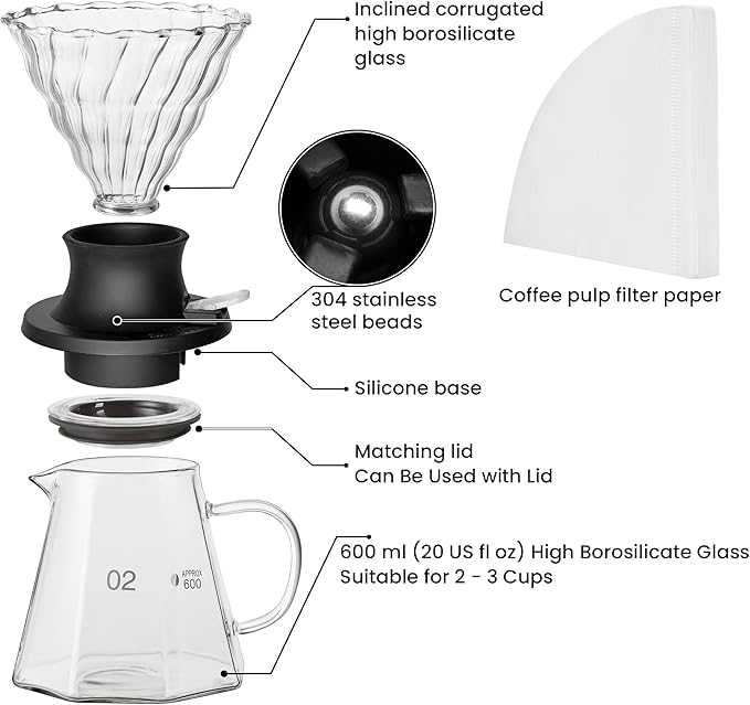 Switch pour over coffee maker, 3-in-1 Immersion &pour over coffee dripper, Stops Bitter Coffee, Includes 600ml Glass Pot & 50 Natural Paper Filters, Size 02, Ideal for Iced drink & Gift