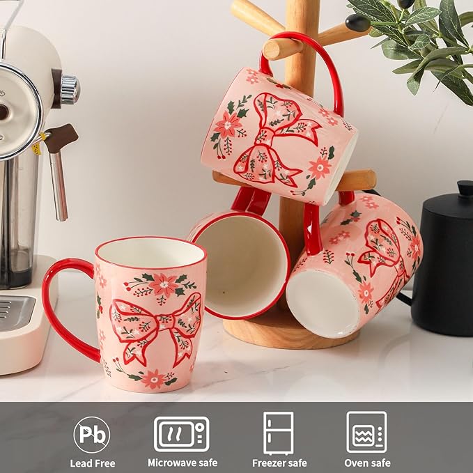 HASENSE Coffee Mugs Set of 4,16oz Ceramic Cups with Handle for Kitchen,Pink Bow Valentine's Day Latte Mugs for Hot Cocoa,Tea,Milk & Latte,Large Festive Stylish Mug Gift,Microwave and Dishwasher Safe