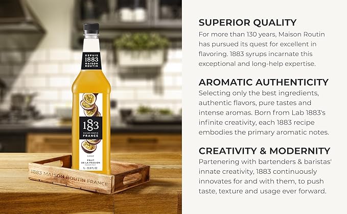 1883 Passion Fruit Syrup for Drinks, Made in France, 1 Liter Plastic Bottle