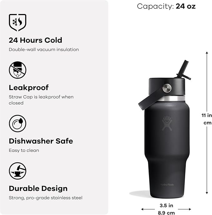 Hydro Flask Travel Water Bottle - Insulated Stainless Steel - Wide Straw Lid, Non Spill, Leakproof in 24 Oz Harbor Blue