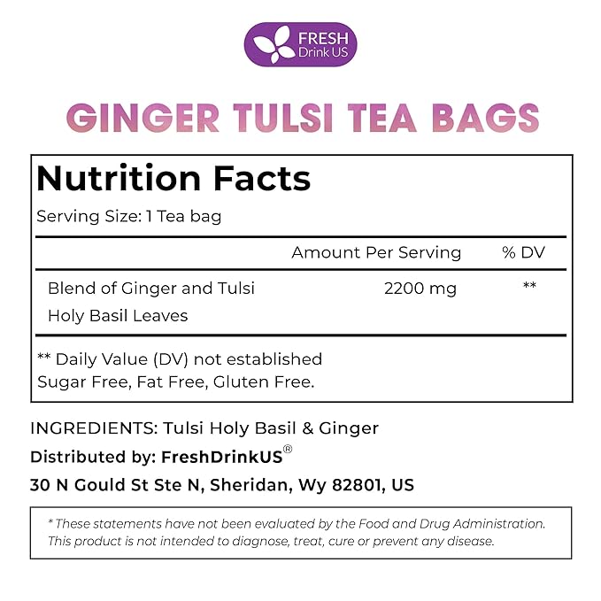 FreshDrinkUS, Premium 75 Ginger Tulsi Tea Bags, 100% Natural, Hand-made Blend of Ginger and Tulsi Holy Basil Leaves, Eco-conscious Tea Bags. Herbal Tea. No Sugar, No Caffeine, Vegan.