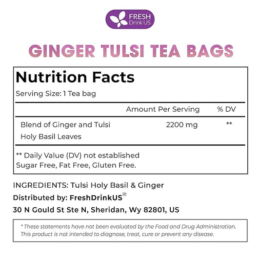 FreshDrinkUS, Premium 35 Ginger Tulsi Tea Bags, 100% Natural, Hand-made Blend of Ginger and Tulsi Holy Basil Leaves, Eco-conscious Tea Bags. Herbal Tea. No Sugar, No Caffeine, Vegan.