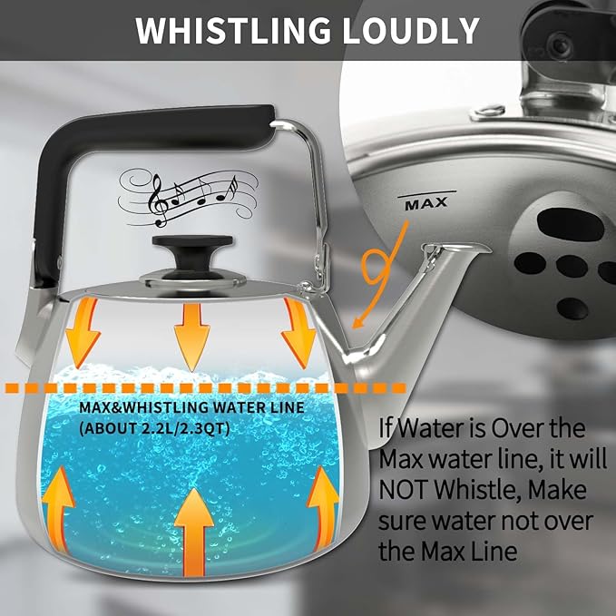 Tea Kettle, Whistling Stovetop Tea Kettle, Large Capacity Teapot Suits for All Heat Source, Professional Fast Heat Technique Teapot with Thick Body and Bottom, Durable and Sturdy Tea Pot