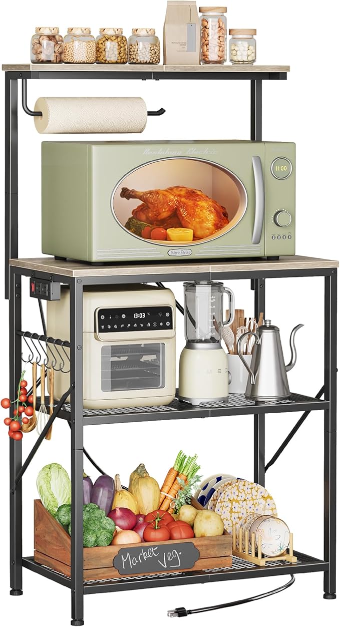 Huuger 4-Tier Bakers Rack with Reversible Power Outlet, 23.6 Inch Microwave Stand, Kitchen Coffee Bar, with Top Shelf, 6 S Hooks, Oak
