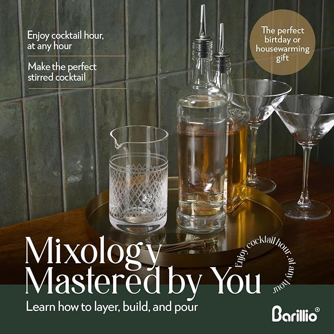Barillio Crystal Cocktail Mixing Glass - 20 Oz (600 ml) Seamless Weighted With Thick & Sturdy Bottom Cocktail Stirring Pitcher | Old Fashioned Beaker - Bartender Mixology Accessories to Stir Cocktails