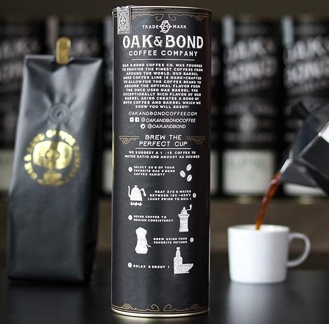 Espresso Bourbon Barrel Aged Coffee, Colombia & Brazil Blend, Whole Bean Arabica, Dark Roast w/ Chocolate, Black Cherry, Toffee, Rich Kentucky Bourbon & Oak Flavors by Oak & Bond Coffee Co. – 10oz.