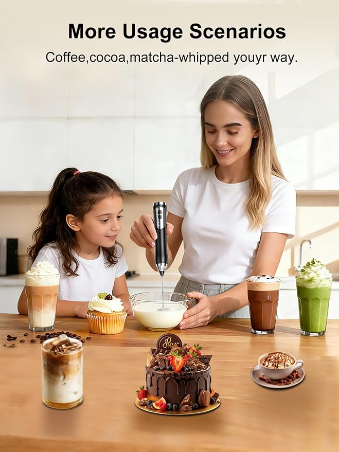 Milk Frother Handheld, Rechargeable Coffee Frother Wand with Detachable Double Whisk, IP67 Waterproof Hand Frother, 3 Grade Speed Fast Foaming for Matcha, Lattes, Cappuccino, Ideal for Coffee Lovers