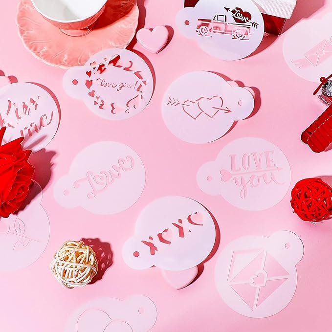 Outus 30 Pcs Valentines Cake Stencils Reusable Valentine Cookie Stencils Templates Decoration Coffee Dessert Baking Painting Mold Tools DIY Heart Cardmaking for Valentine's Day Party Supplies