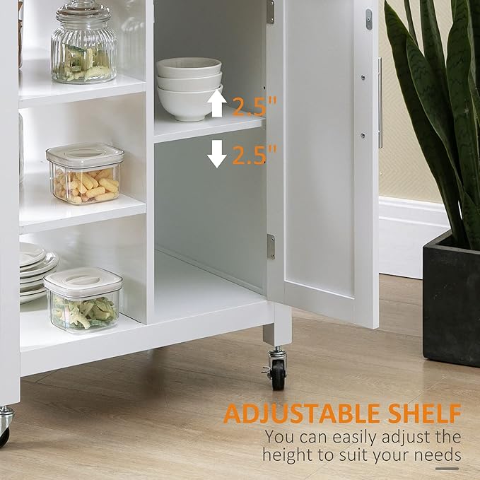 HOMCOM Kitchen Island Cart, Rolling Kitchen Island with Storage Shelf, Solid Wood Top, Drawer, for Dining Room, White