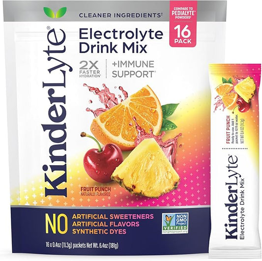 Kinderlyte Electrolyte Powder for Kids and Adults - Drink Mix Hydration Packets (Fruit Punch, 16 Count), No Artificial Sweeteners or Flavors, No Synthetic Dyes, Vegan, Non-GMO, Gluten-Free