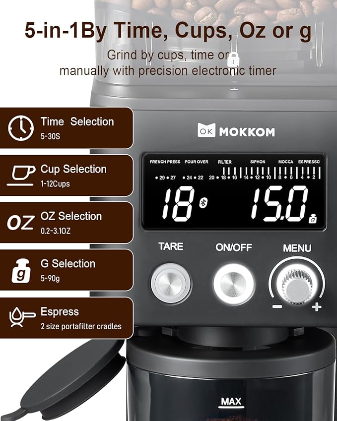 MOKKOM Coffee Grinder with Removable Coffee Scale, Anti-static Conical Burr Coffee Bean Grinder, 31 Precise Settings for Espresso/Drip/Pour Over/Cold Brew/French Press