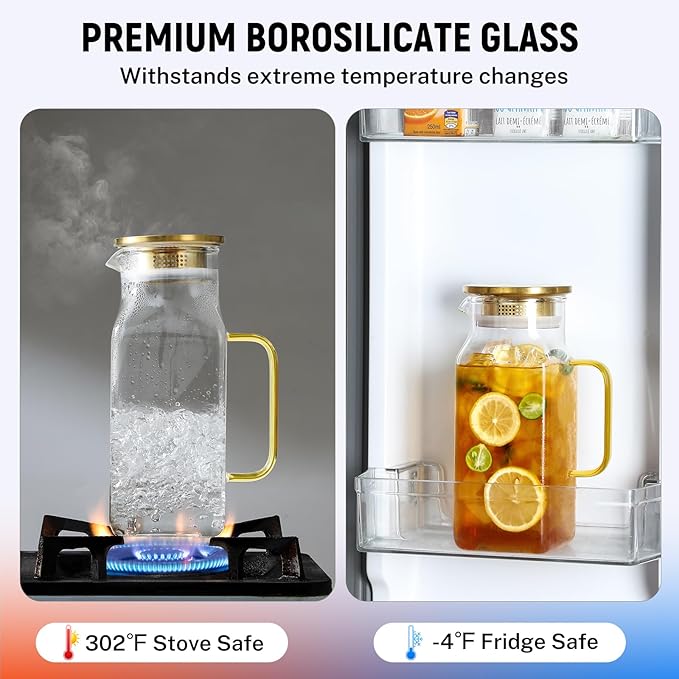 40 oz,1.2Liter Square Glass Pitcher with Lid and Spout, Water Pitchers with Handle for Fridge, Borosilicate Glass Carafe for Hot/Cold Drink, Large Jug for Iced Tea, Coffee, Beverage, Cold