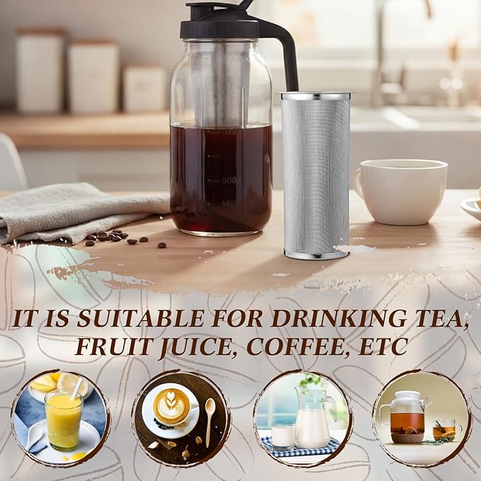 Acellegic Cold Brew Coffee Filter with Brush Tea Infuser Strainer for 32 Oz/1 Quart Wide Mouth Mason Jar 304 Stainless Steel Food Grade Filter with Sealing Ring for Iced Drink Fruit Tea Coffee Maker