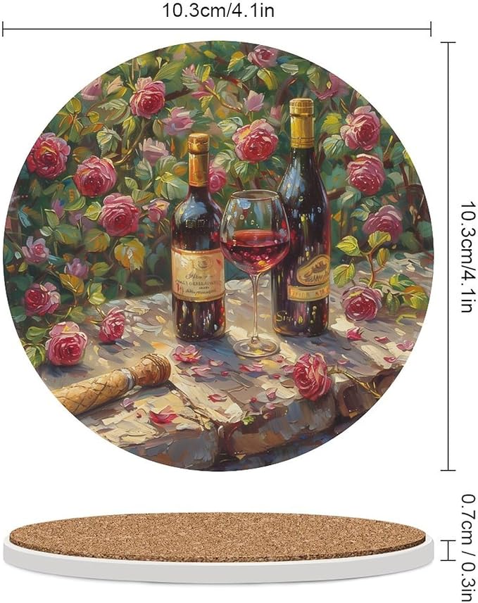 Red Wine Drink Coasters, Round Ceramic Drink Coaster Round-6PCS, Oil Painting Style Red Wine Floral Rose Flower Pattern Decor Absorbent Ceramic Coasters for Beverage Cup, Bar, Coffee Table
