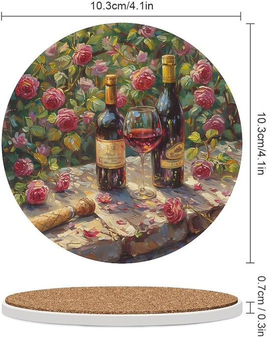 Red Wine Drink Coasters, Round Ceramic Drink Coaster Round-4PCS, Oil Painting Style Red Wine Floral Rose Flower Pattern Decor Absorbent Ceramic Coasters for Beverage Cup, Bar, Coffee Table