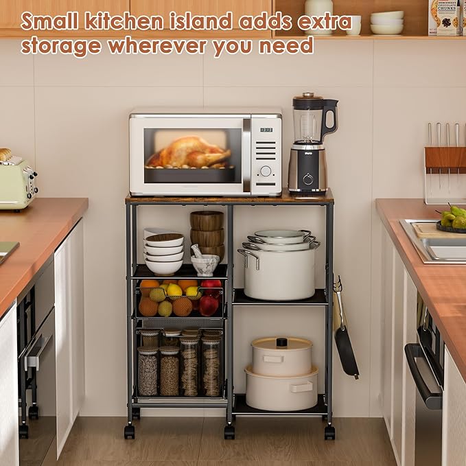 Rolling Microwave Cart with Storage, Microwave Stand with Drawers, Kitchen Storage Rack On Wheels, Kitchen Storage Cart Shelves Organizer Used As Bakers Rack Coffee Bar Station Kitchen Island Cart