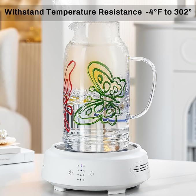 Glass Pitcher with Lid and Handle,2 PACK 68 oz/2 Liter Vintage Hand Painted Butterfly Design Fridge Water Pitcher, Borosilicate Glass Water Carafe for Hot/Cold Water Iced Sun Tea,Heat Resistant