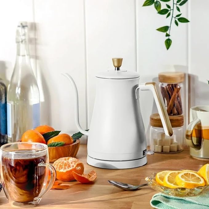 Electric Gooseneck Kettle 1 Liter 1200W, Stainless Steel, Pour Over Coffee Tea, Auto Shut-Off, 360° Cordless Power Base (White Icing)