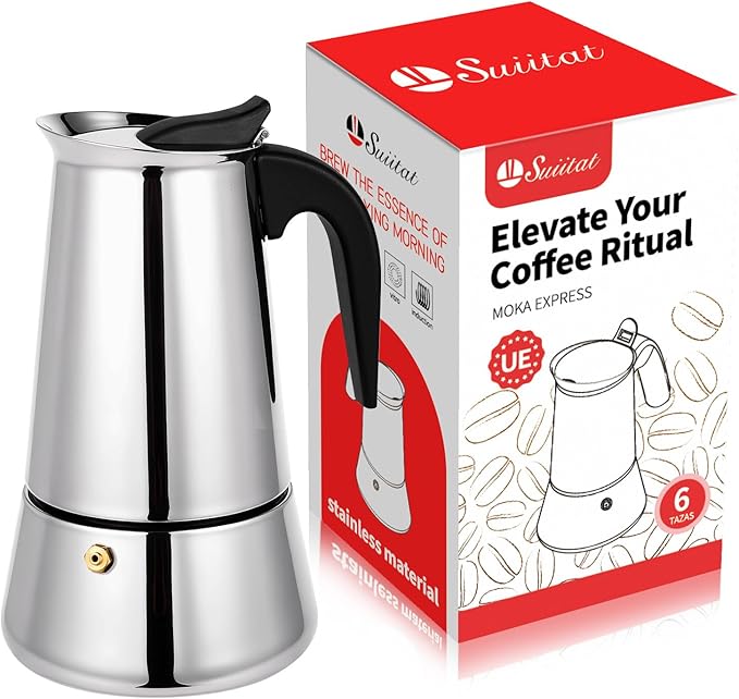 Suiitat Moka Pot, 6 Cups (10.6 oz) Stovetop Espresso Maker, 304 Stainless Steel Moka Pot, Induction Compatible, Silver
