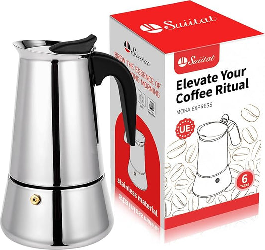 Suiitat Moka Pot, 6 Cups (10.6 oz) Stovetop Espresso Maker, 304 Stainless Steel Moka Pot, Induction Compatible, Silver