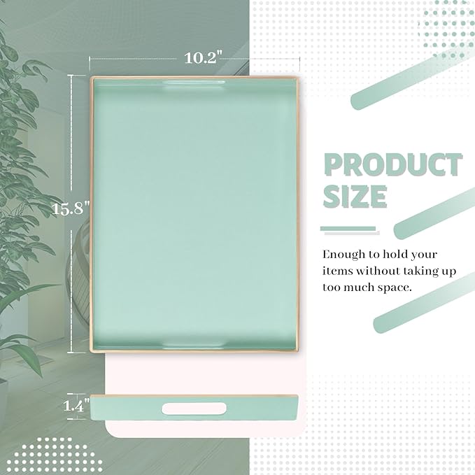 MAONAME Mint Green Serving Tray with Handles, Modern Decorative Trays for Coffee Table, Plastic Rectangular Trays for Ottoman, Bathroom, Decor, 15.8” x 10.2” x 1.4"