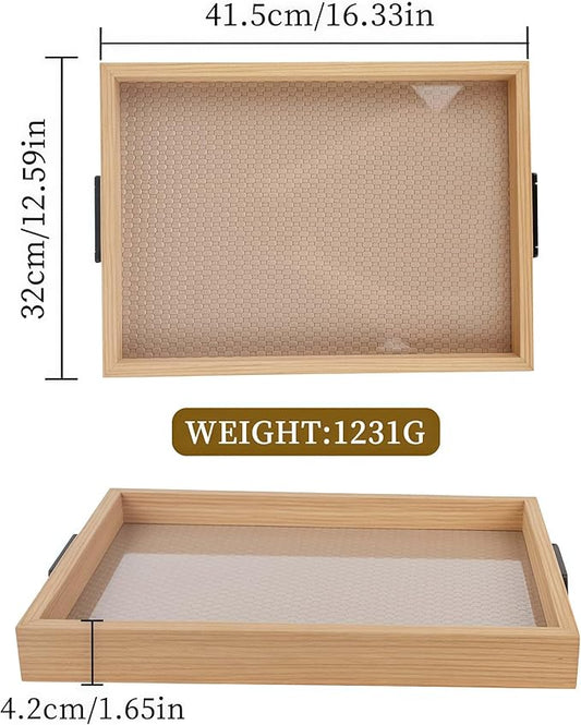 Leather Surface Wood Service Tray with Metal Handle, 16.3x13in Food Drinks Tray for Coffee Table, Breakfast, Dinner & Bar,Kitchen,Party (Leather Surface/Large)