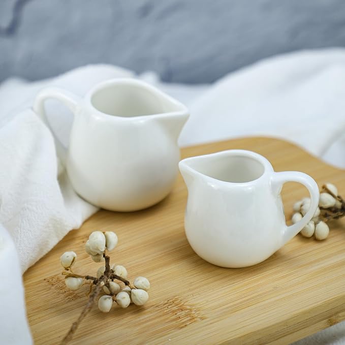 CHOOLD 2 pcs Mini Ceramic Creamer with Handle, Coffee Milk Creamer Pitcher - White - 1.5 oz + 3 oz
