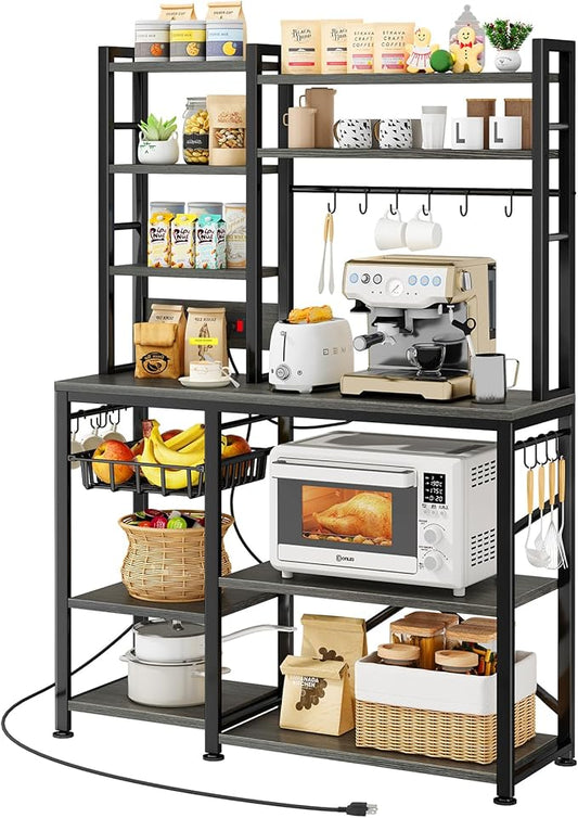SNTD Baker Rack with Power Outlet - Microwave Stand with Storage, Large Coffee Bar Station with 14 Hooks, Metal Kitchen Shelf Rack for Spices, Pots (Rustic Grey)