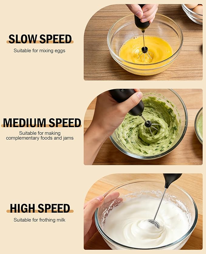 Rechargeable Milk Frother Handheld with 3 Whisk and Stand, 3-Speed Frother Wand, Dual Spring Whisk Coffee Frother and Drink Mixer for Matcha Lattes Cappuccino