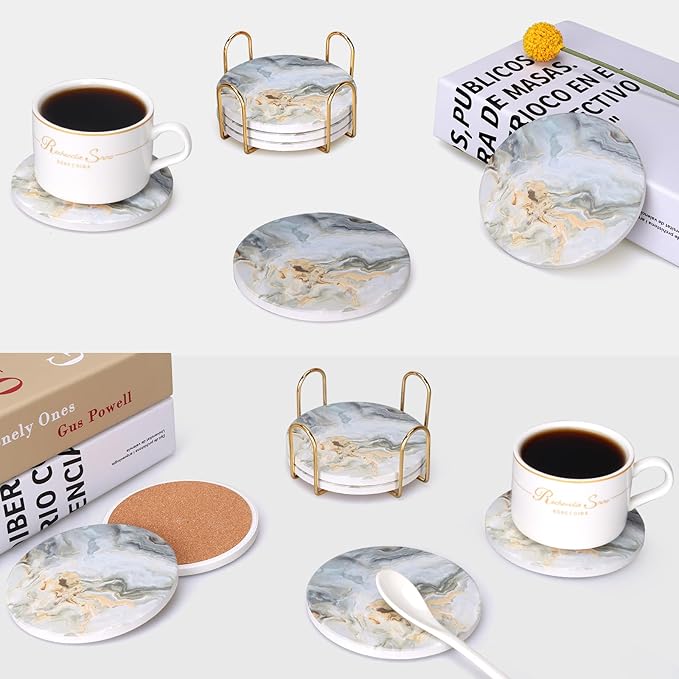 6 Pcs Grey Abstract Ceramic Coasters with Holder: 6 Round Modern Drink Coasters, Absorbent, Non-Slip, Gold Metal Holder